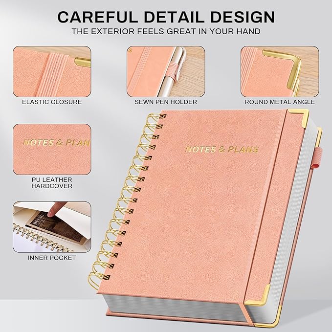 Ovesmusl Undated Daily Planner - 126 Days Hourly Schedule & To Do List - A5 PU Leather Hardcover Spiral Notebook planner with stickers, Metal Corner Protectors & Back Pocket for Work & School, Pink