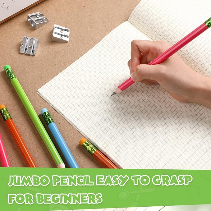 Fainne 48 Pcs Fat Pencils Jumbo Big Thick Large Pencils and 3 Pieces Sharpeners for Kids Beginners Preschoolers Kindergarten School Office Supplies(Multicolor,Round)