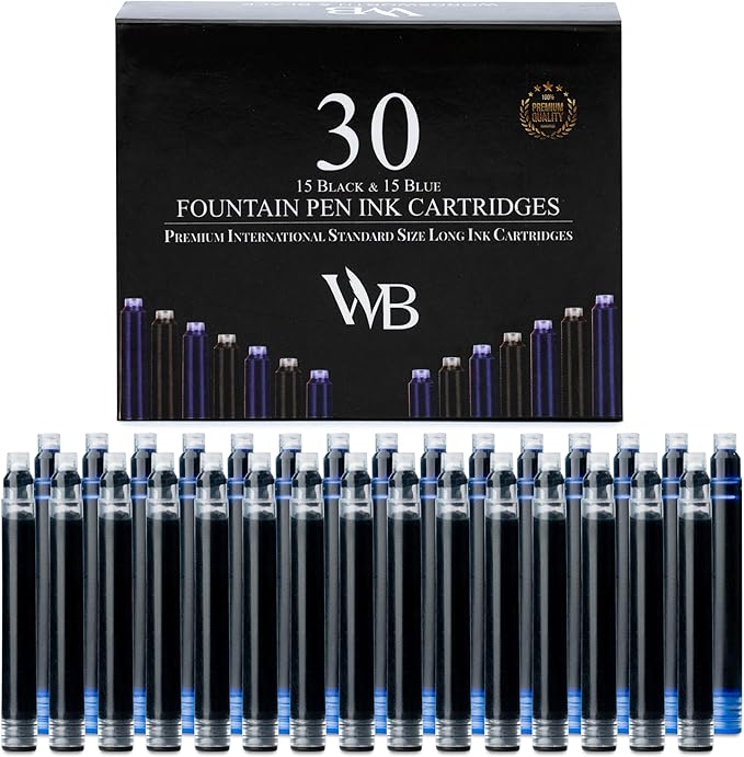 Wordsworth & Black 30 Pack Fountain Pen Ink Refills - Set of 15 Black - 15 Blue Ink Cartridges - International Standard Size - Length APPR 2.3" - Base Diameter APPR 0.24" - Disposable and Generic
