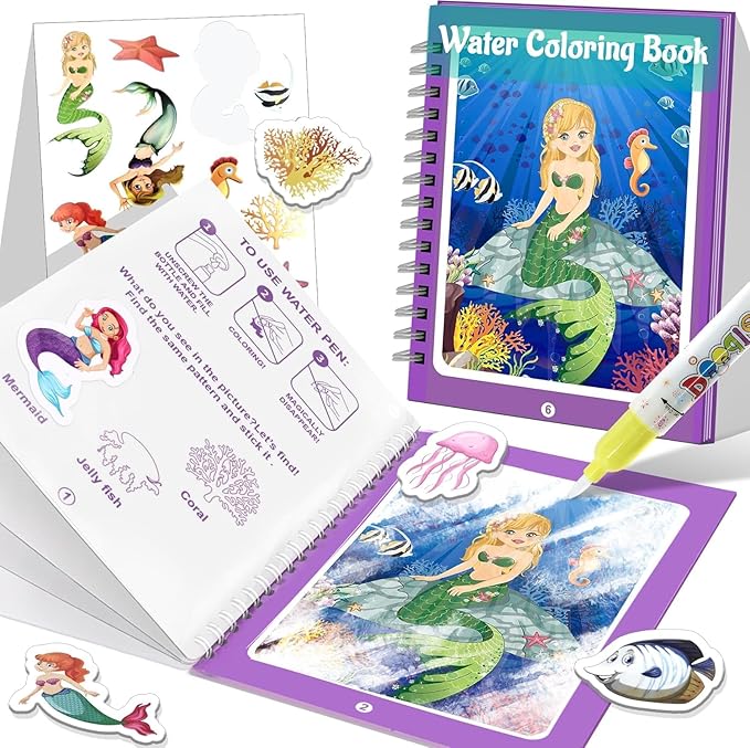 Reusable Water Coloring Books for Toddlers 1-3 with 18+ Stickers & No-Mess Pen, Mermaid Theme Water Coloring Books for Toddlers 1-3, Magic Paintless Painting Book for Toddler, Paintless Painting Book