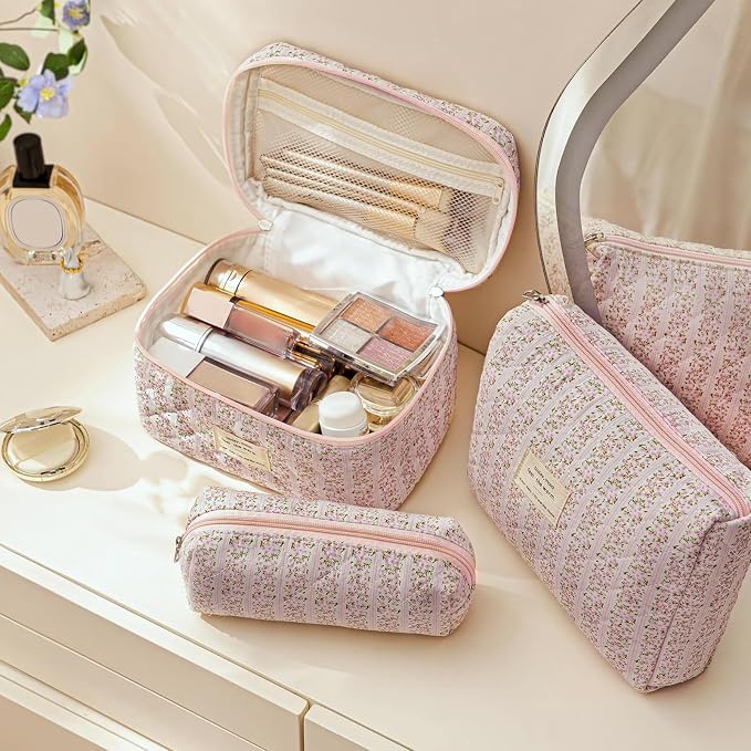 HBselect Quilted Makeup Bag, 3Pcs Cotton Large Travel Makeup Bags Organizer | Cute Floral Make up Bag Cosmetic Bag Toiletry Bag for Women Girls, Makeup Pouch for Skincare, Brushes & Travel Essentials