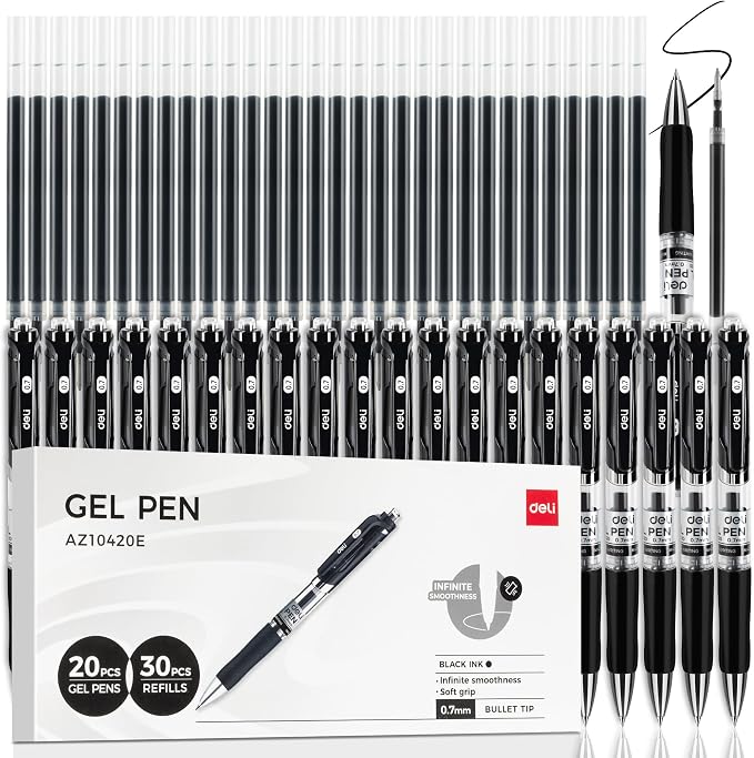 deli Gel Pens, 50 Pcs Retractable Pens Black Ink, 20 Pens with 30 Refills | Medium Point Pen Bulk 0.7mm, Smooth Writing, Fast Dry, No Bleed for Journaling Note Taking, Home School Office Supplies