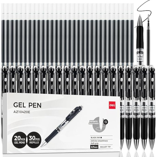 deli Gel Pens, 50 Pcs Retractable Pens Black Ink, 20 Pens with 30 Refills | Medium Point Pen Bulk 0.7mm, Smooth Writing, Fast Dry, No Bleed for Journaling Note Taking, Home School Office Supplies