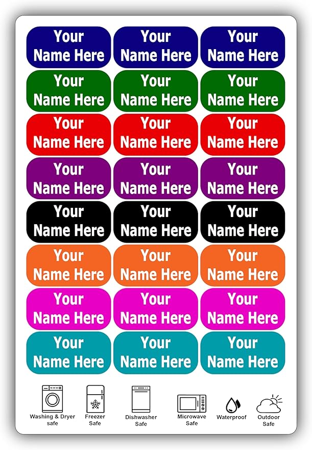 24 Large Personalized Waterproof Name Labels. Press and Stick Multi use Custom Name Labels. Customized 2 Lines of Text and Color. ID Identification Name Stickers with Permanent Self Adhesive.