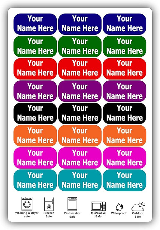 24 Large Personalized Waterproof Name Labels. Press and Stick Multi use Custom Name Labels. Customized 2 Lines of Text and Color. ID Identification Name Stickers with Permanent Self Adhesive.