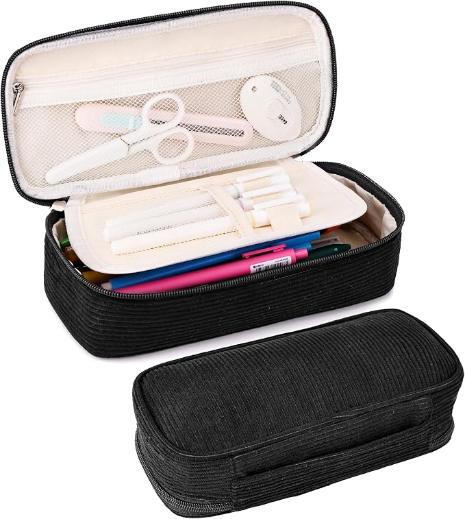 Big Capacity Pencil case,Soft Corduroy Pencil Bag,Cute Pen Case with Handle,Multi-Functional Compartments, Wide Opening Pen Pouch Organizer for Teen Girls Wome