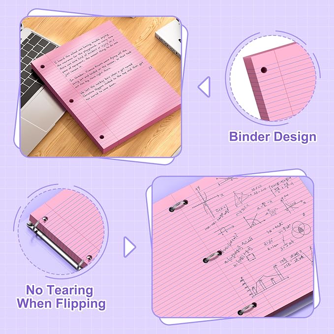 Loose Leaf Paper, 8x10.5 College Ruled, Notebook Paper for 3 Ring Binders, Pink Binder Notebook, 3 Hole Punch Paper, 100 Sheets/pack, 1 Pack