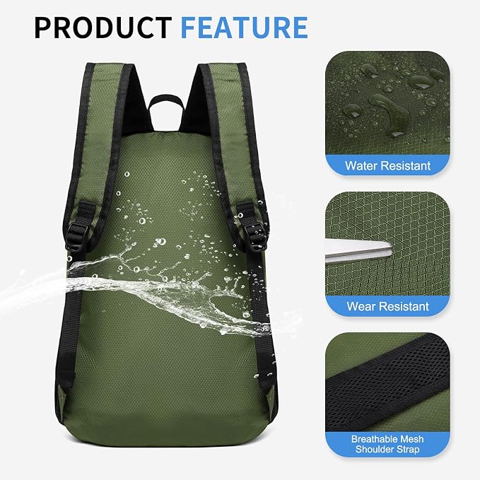30L Large Hiking Daypack, Foldable Outdoor Backpack, Dark Green | Packable Daypacks for Men Women, Lightweight Water-Repellent Collapsible Daypack for Commuting Outdoor Sports Camping