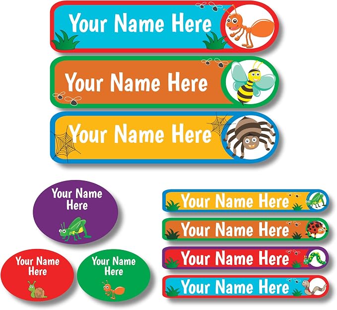 Lovable Labels Personalized Labels for Kids (85 Labels/Pack) - 3 Label Sizes Waterproof Dishwasher Safe Peel & Stick Labels for School Supplies Daycare Camp Clothing Bottles (Don't Bug Me)
