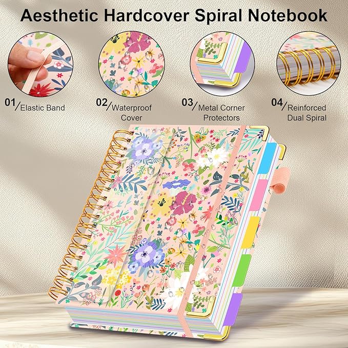 Spiral Journal Notebooks for Work, 300 Pages 5 Subject Notebook College Ruled with Dividers & Tabs, Notebook Journal for Women Students Note-Taking and Organizer (Beige Bloom, 8.5''x 11'')