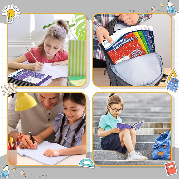 Fulmoon 24 Pack Primary Composition Notebook,Grade K-2 Journal Wide 3 Line Ruled,80 Pages,Marble Cover,7-1/2" x 9-3/4" Primary Writing Notebook for Kindergarten Preschool,1st 2nd Grad (Mix Color)