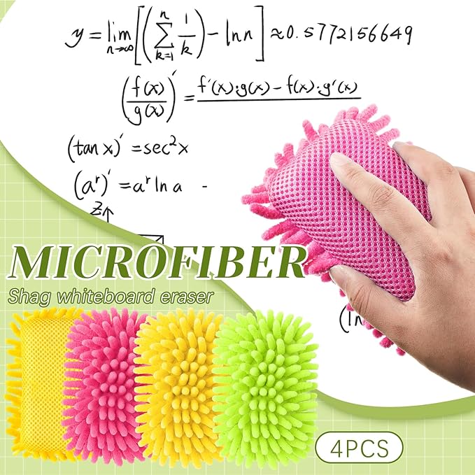 Zonon 4 Pieces Dry Erase Eraser Microfiber Shag Washable Whiteboard Eraser for Markers, Chalk, Home and Office (Pink,Blue,Yellow,Green)