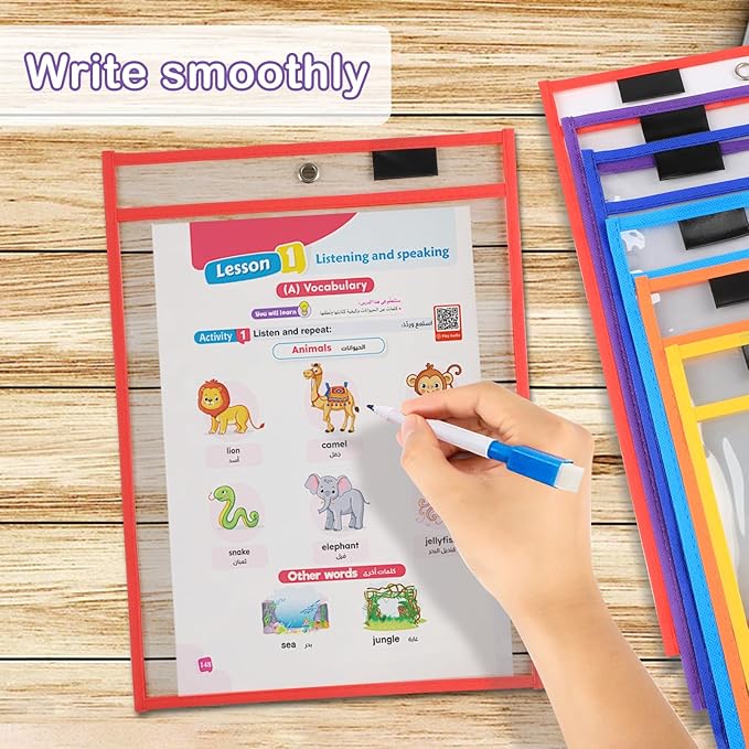 Ufamrine 6 Pcs Dry Erase Pockets Sleeves Colorful, Job Ticket Holders (10" * 13"), Reusable Plastic Sleeves for Teacher Classroom