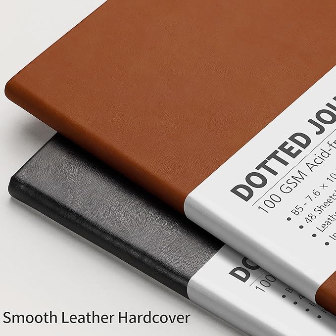 RETTACY Dotted Journal Notebook, 96 Pages, B5 Medium Size (7.6'' x 10''), Leather Hardcover, 100 GSM Thick Paper, for Journaling, Planning, Tracking (Black)