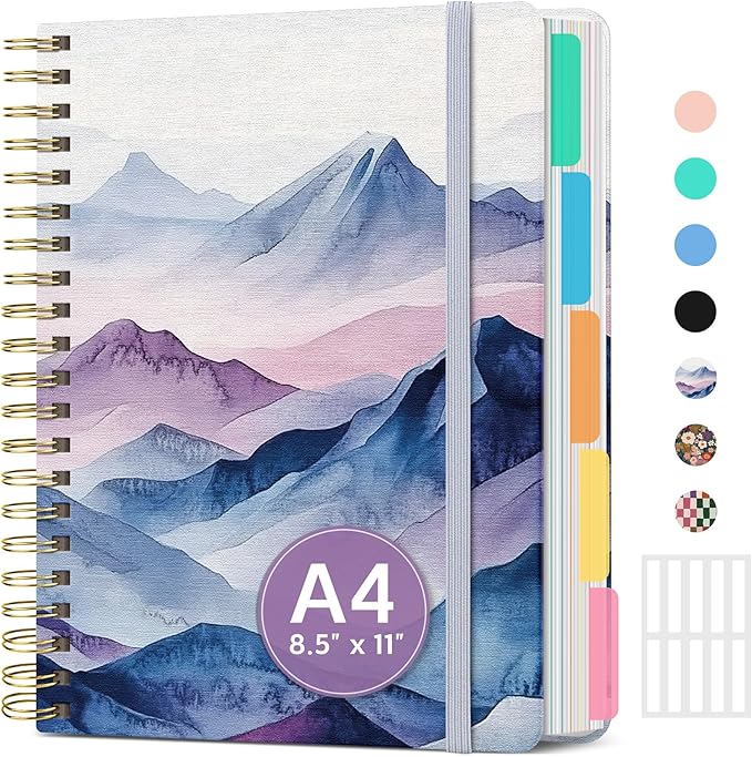 Large Spiral Lined Notebooks for Work with Removable Dividers & Tabs, 8.5"x11" Pretty Hardcover 5 Subject Notebook Journal for Women, College Ruled, Perfect for Study & Office Organization, 280 Pages,Distant Peaks