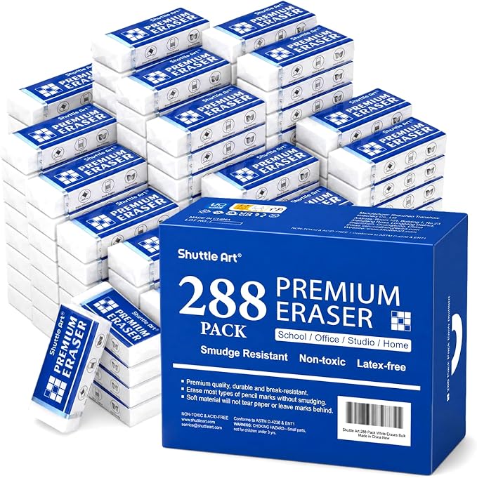 Erasers, Shuttle Art 288 Pack Premium Erasers Bulk, White Eraser Classroom Set for Kids Teachers as School and Office Supplies
