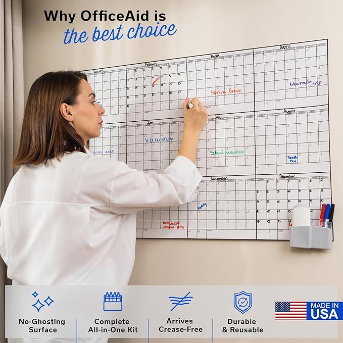 Yearly Large Dry Erase Calendar for Wall 24x36, for Year Family 12 Month, Undated Big Erasable Office, Rolled Whiteboard White Board, Classroom Annual Calendar Planner Dry Erase 36x24 Wall Reusable