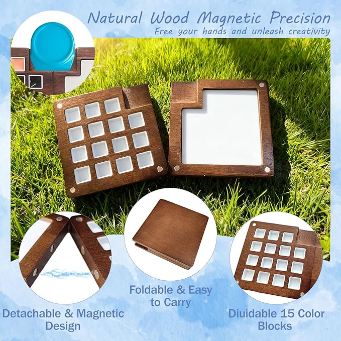 Mini Watercolor Travel Set, 12 Colors Portable Outdoor Art Kit with Walnut Wood 15-Panel Palette, Crossbody Bag, Watercolor Journal, Metal Clip, Water Cup & Brush Ideal for Artists & Beginners