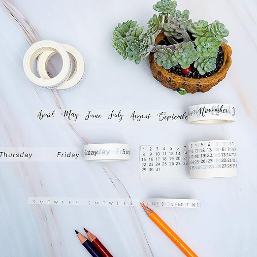 Chuangdi 9 Rolls Calendar Washi Tape Set Day Week Month Number Vintage Calendar Date Washi Masking Tape Decorative Patterned Marking for Arts Crafts Journal Planner(White)