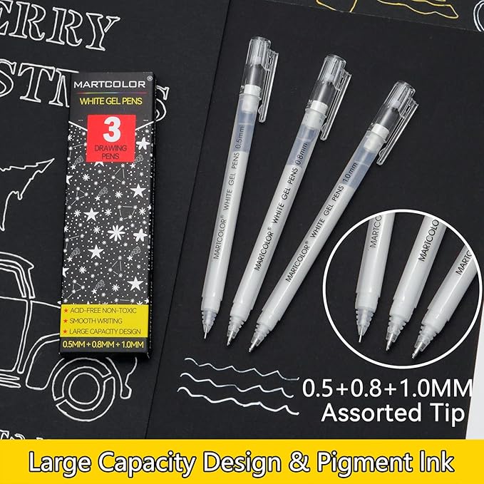 MARTCOLOR White Gel Pens, 05/08/10mm Assorted Tip Opaque Archival Ink Pen for Journaling, Art, or Drawing - For Holiday Gifts & DIY Projects, White Gel Pens for Art Highlight, 3 Pack