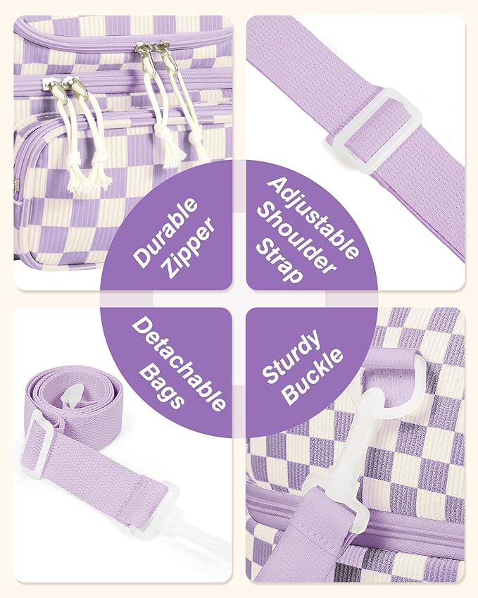 HowFly Lunch Bag for Women Insulated Lunch Boxes Corduroy Resuable Double Deck Lunch Box for Girls Teens Kigs Boys Portable Thermal Cooler Bags for School Work, Purple Checkered