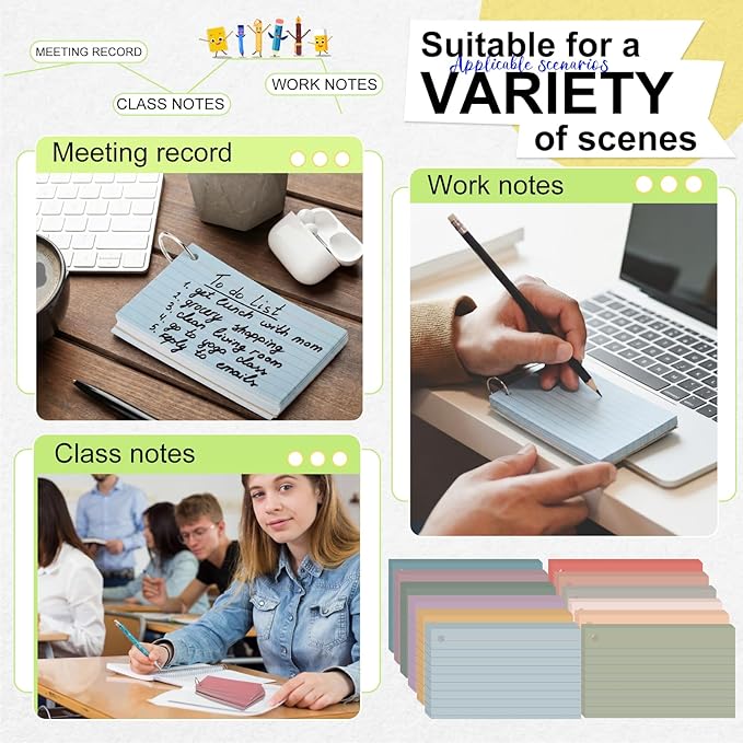 12 Pack Colored Index Cards with Key Ring 3 x 5 Inch 1800 Count Portable Flash Cards College Ruled Lined Flashcards Notepad Aesthetic Notecards for Note Taking Learning Studying Office