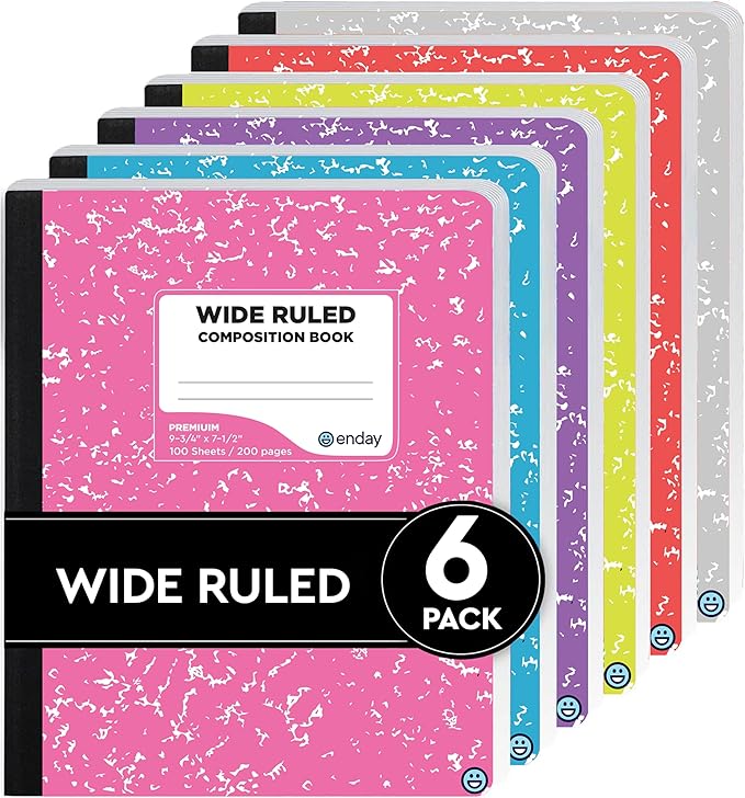 Enday Composition Notebooks Wide Ruled Paper, Colored Marble Composition Notebook Covers, 100 Sheets (200 pages) Composition Books, Assorted Colors Marble Notebooks Wide Ruled For School, 6 Pack