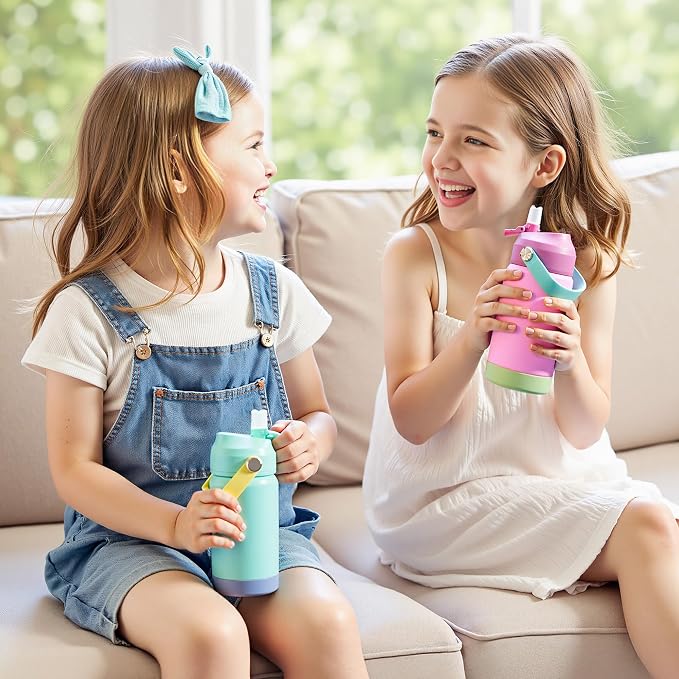 Kerilyn 12oz Kids Water Bottle 2 Pack, Stainless Steel Insulated Water Bottle Bulk, Toddler Cups with Straws Leak-Proof, Kids Water Bottles for School Boys Girls, Cerulean + Charm Pink 2 Piece Set