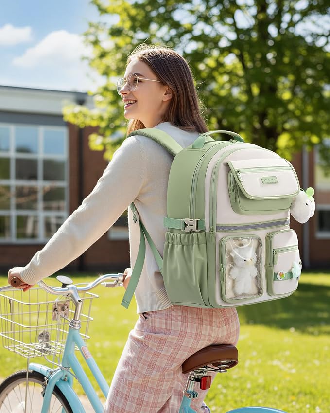 LOVEVOOK School Backpack for Girls, Cute Bookbag for Teen 8-16, DIY Friendly 15.6" Laptop Backpack for Middle High College Student Back to School, Bag with Water Bottle Pocket for Travel,Green