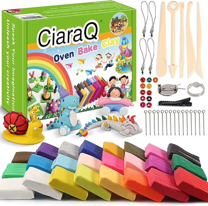 CiaraQ Polymer Clay 24 Colors Starter Kit - Oven Bake Modeling Clay for Kids & Artists, Non-Sticky DIY Clay with Sculpting Tools, Fun Gift for Children Ages 4+, 1.2 lb