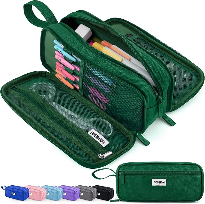 TOPBIDAI Large Pencil Case Pouch for Girls Boy Women Men Adults | Big Capacity Canvas Pencil Bag, Office School Supplies, Multi Compartment Zipper Stationery Pen Box(Dark Green)