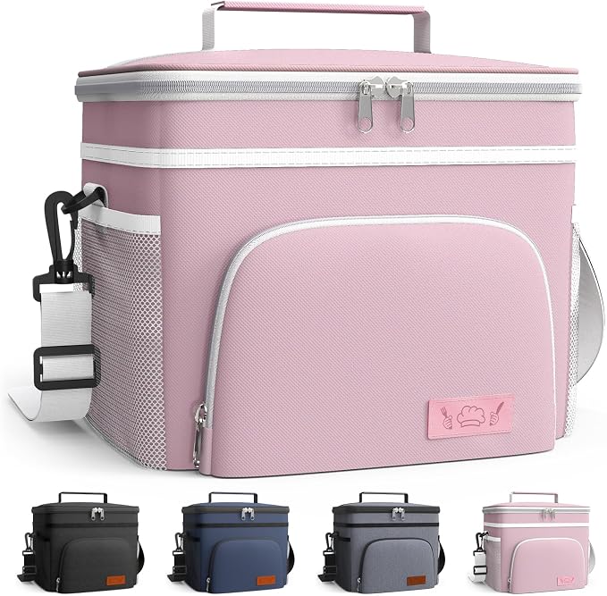 HOTOR Insulated Lunch Box Men Women Leak-Proof Cooler Lunch Bag 15L | 4 Pockets, Adjustable Strap, Ideal for Work, Picnic, Travel, Camping, Gift, Pink