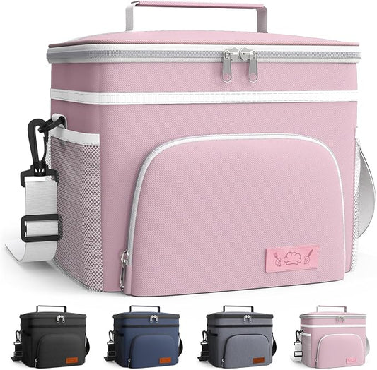 HOTOR Insulated Lunch Box Men Women Leak-Proof Cooler Lunch Bag 15L | 4 Pockets, Adjustable Strap, Ideal for Work, Picnic, Travel, Camping, Gift, Pink