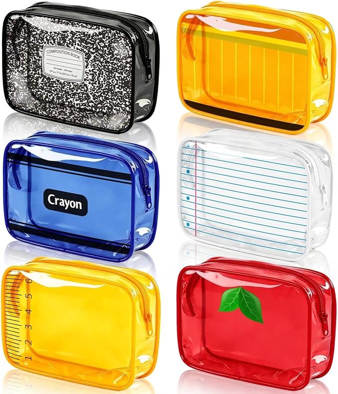 Suclain 6 Pack Back to School Teacher Gift, Teacher Survival Kit Bag, Stationery Zipper Cosmetic Pouches, Transparent PVC Pencil Case Waterproof Toiletry Makeup Bag for School Supplies, Travel