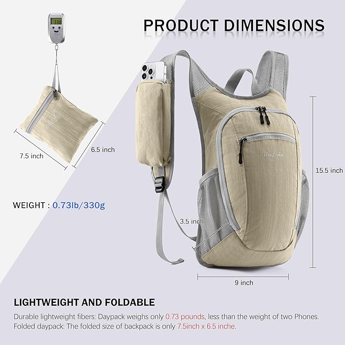 Uselike 10L Small Hiking Backpack Travel Daypack Lightweight Packable Back Pack for Women Men(Beige)