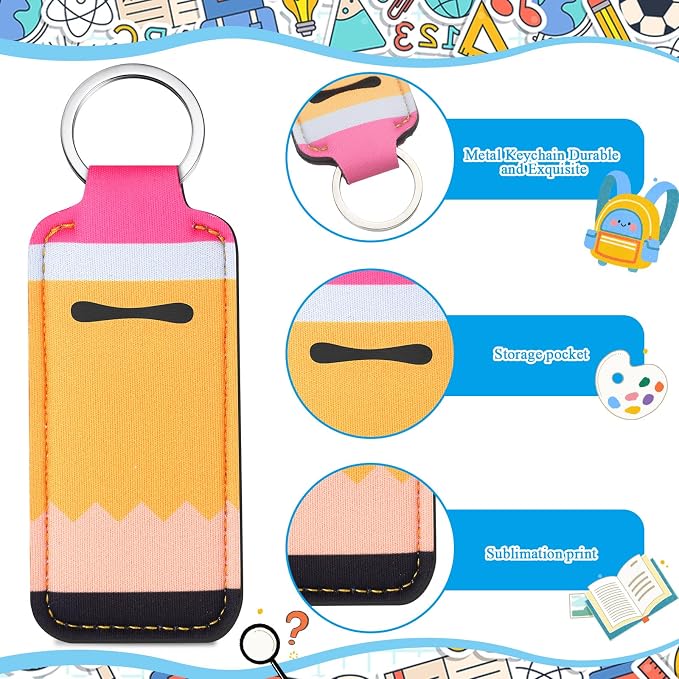 12 Pcs Back to School Lipstick Holder Keychains Bulk Teacher Appreciation Gifts Cute Pocket Lip Balm Holder Keychain Purse Accessories for Women Back to School Party Favors, 6 Style