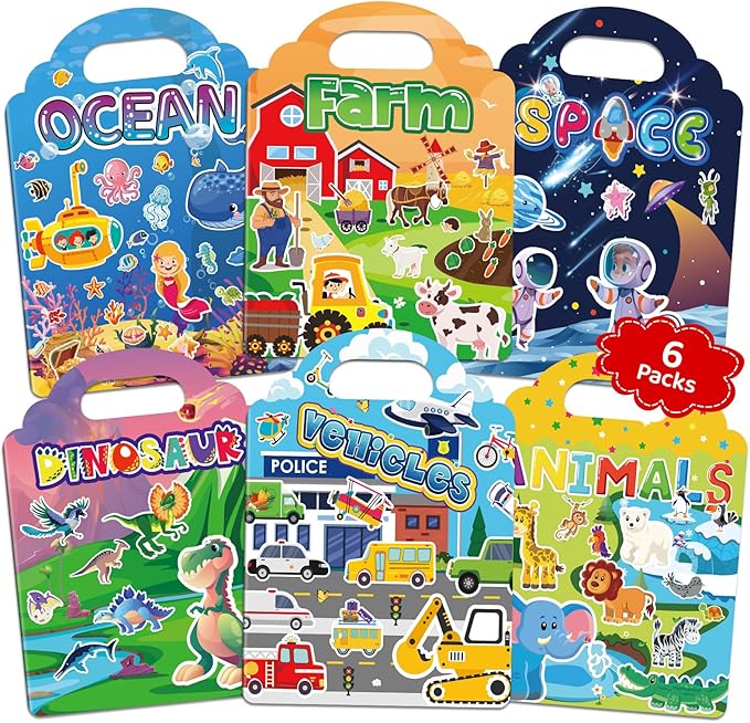 Jelly Sticker Books for Toddlers 2-4 Years, 6 Sets Reusable Sticker Books for Toddlers 1-3, Travel Toys Stickers Activity Book for Kids 2 3 4 5 6 Years Old Girls Boys Gifts (6Sets-Collection)