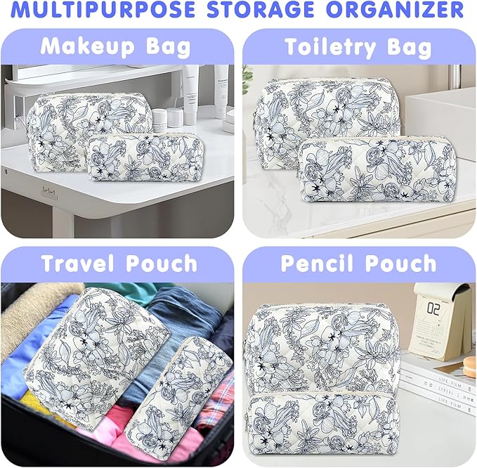 URSKYTOUS 2Pcs Floral Makeup Bag for Women Cotton Quilted Coquette Cosmetic Bag Cute Zipper Black Flower Makeup Pouch Aesthetic Portable Pencil Pouch Travel Toiletry Bag Trendy Cloth Skincare Bag