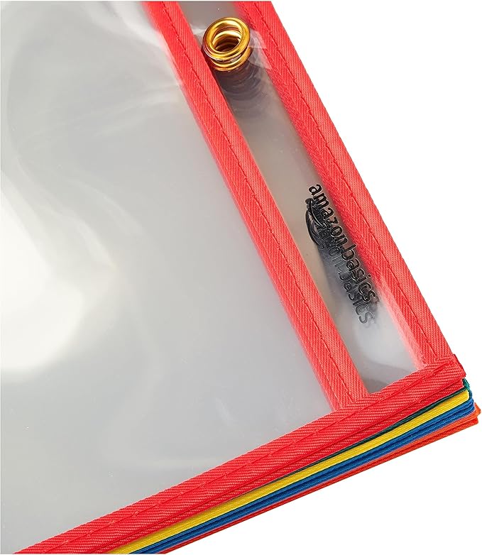 Amazon Basics Heavy Duty Dry Erase Job Ticket Holders, Document Protectors with Clear Plastic Film and Multicolored Fabric Edge, 8.5" x 11", Pack of 25