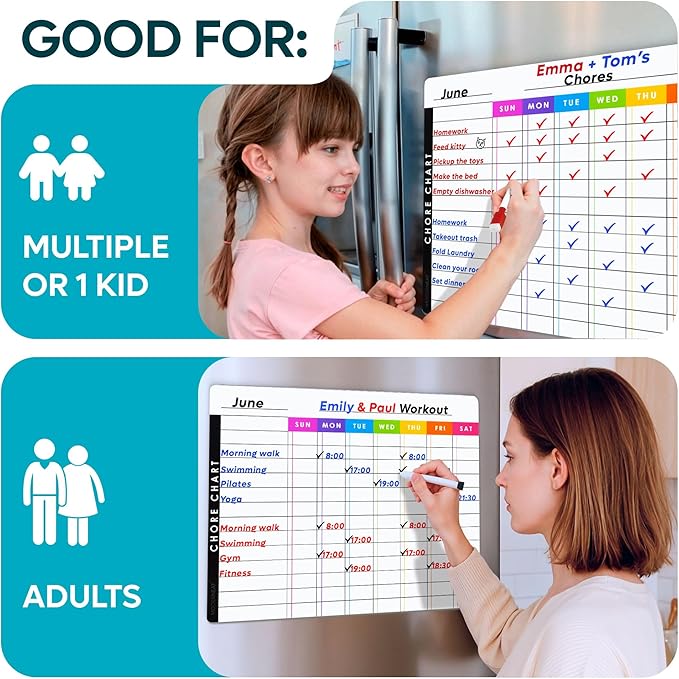 Magnetic Chore Chart Dry Erase Whiteboard Set - Pocket Charts for Multiple Kids, Teens & Adults (15"x 11.5"), Daily to-Do, Grocery, Notes (9"x 7") -Behavior Chart for Fridge & 6 Fine Tip Markers