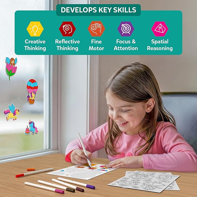 Skillmatics Cling Art – Color Clingz Unicorns & Princesses, 50+ Reusable Static Stickers, Mess-Free Fun for Kids, DIY Craft Kits & Supplies, Travel Toys, Creative Gifts for Kids Ages 3, 4, 5, 6, 7