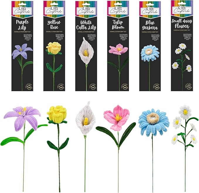 WeVeel Chenille Stem Flower Craft Kit for Adults – Create 6 Colorful Blooms (Lily, Rose, Calla Lily, Tulip, Gerbera & Daisy) – Relaxing DIY Arts & Crafts Kit with All Supplies