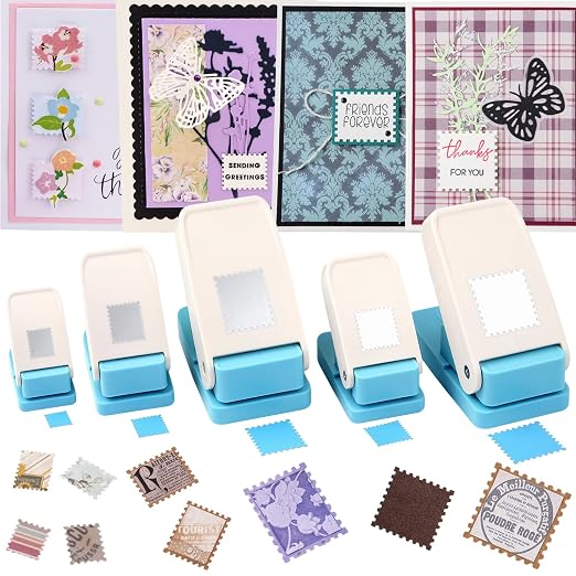 5Size Stamp Punch, 1.5x1.25in & 1x0.8in & 0.6x0.5in Rectangle Postage Stamp Shaped Punch, 1.5inch & 1inch Square Stamps Hole Puncher, Paper Punches for Crafting DIY Scrapbooking Journaling Card Making