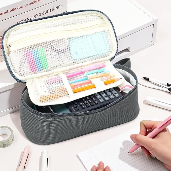 Pencil Case Pouch, Large Capacity Pen Bag Organizer, Cute Aesthetic Pencil Box for Girls Boys Kids, Back to School Supplies, Teacher Supplies Classroom Essentials, Grey
