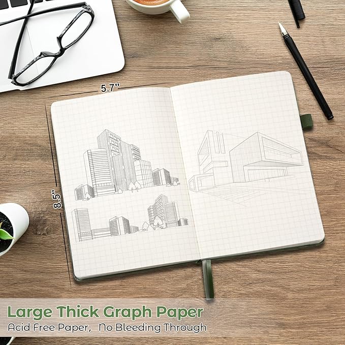 Graph Paper Notebook, Hardcover Notebook, Grid Notebook Journal for Women, Men, Large Leather Journals for Writing, Thick Paper, A5 Notebooks for Work, School Supplies, Engineering, Light Green