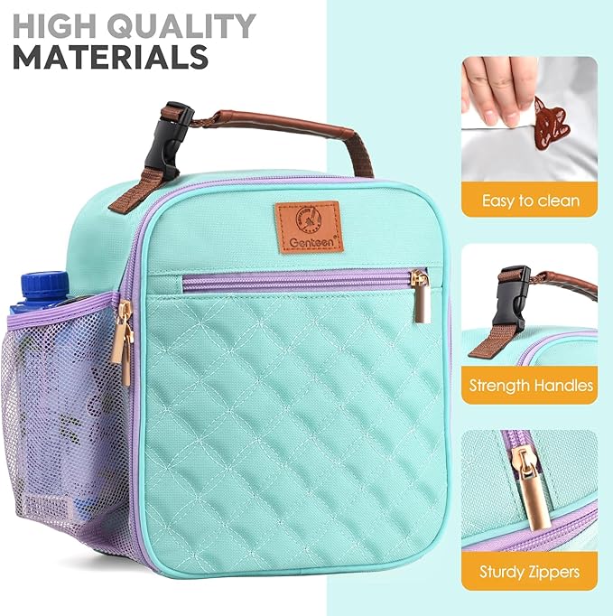 Genteen Kids Lunch Box Lunch bag for Kids Girls Teen,Insulated Lunch Bag with Bottle Holder,Small Lunch Box Cooler Lightweight Reusable LunchBox for Work Office School Travel Picnic-Light Green
