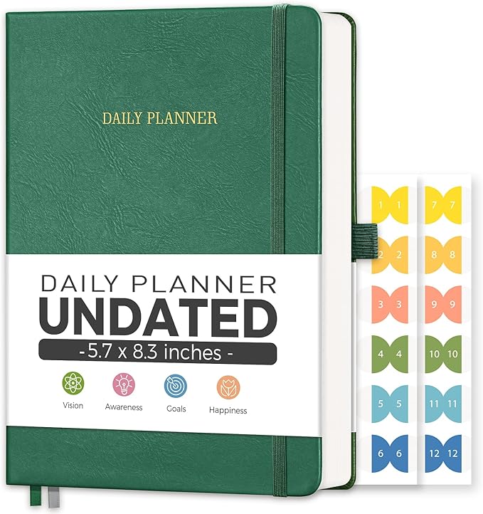 Daily Planner Undated, Appointment Book for Hourly, Daily and Monthly, 365 Days, One Page a Day, Medium Size (5.7" x 8.3"), Leather Hardcover, 12 Self-adhesive Monthly Tabs (Dark Green)