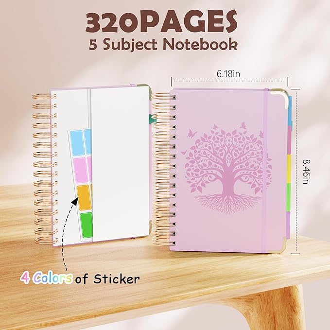 QIYVLOS Hardcover Spiral Notebook, A5 Journal with Removable Dividers Tabs, 5 Subject Notebook College Ruled, 320 Pages 6"x8" Leather Notebooks for Work School Study, Lined Journal for Women, Pink