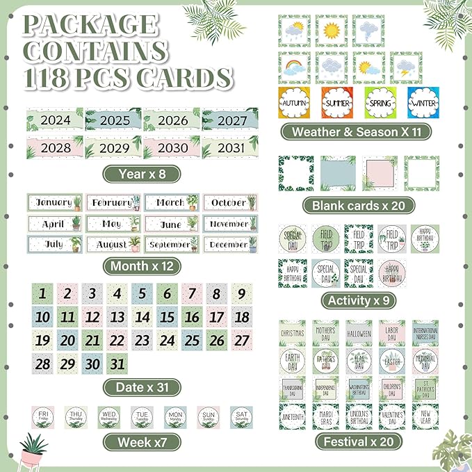 119 Pcs Classroom Calendar Pocket Chart Black Monthly Bulletin Board Set Seasons Festival Weather Farmhouse Calendar Set for Classroom Decoration Back to School Supplies(Greenery)