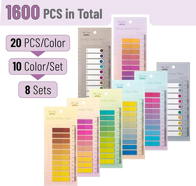 Mr. Pen- Colorful Sticky Tabs, 1600 pcs, Translucent Page Markers, Water-Resistant Book Tabs for Annotating, Bible Study, Planning, Indexing & Document Organization